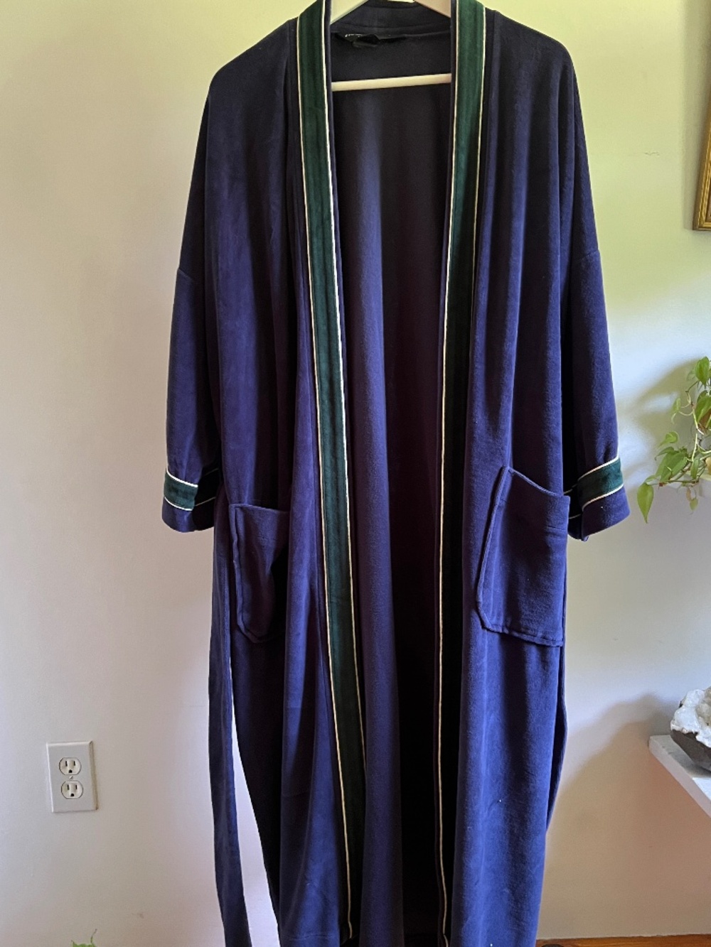 70’s Style Pierre Cardin Velvet Velour Robe Navy Blue with Green